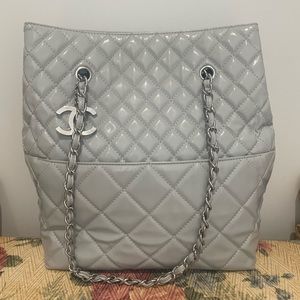 SOLD Chanel Vinyl Quilted In The Business North South Tote Light Grey